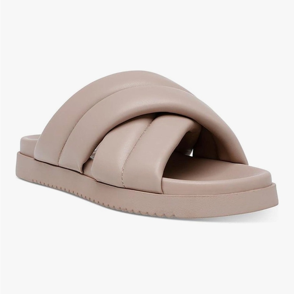 ✨ STEVE MADDEN Womens Size 9 Motte Faux Leather Slip On Slide Sandals • Taupe ✨